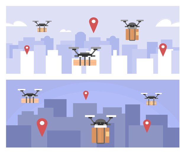 Набор фонов с доставкой дрон вертолетов мультфильм векторные иллюстрации