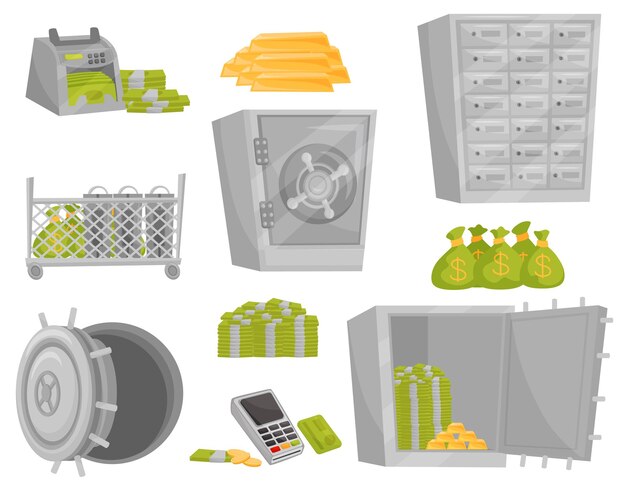 ベクトル 銀行のアイコンのセット紙幣カウンター金の延べ棒お金の袋ラウンド安全ドア金庫金融テーマ漫画ベクトル デザイン白い背景で隔離のフラット スタイルのカラフルなイラスト