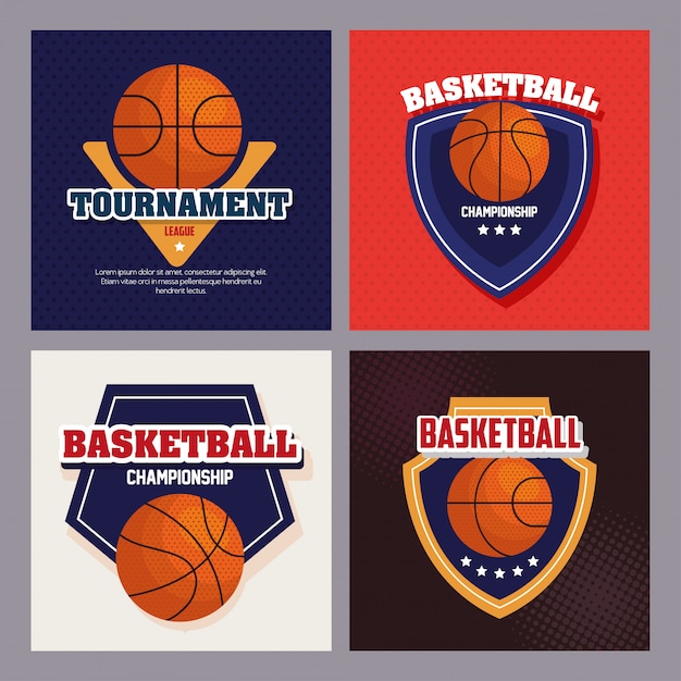 バスケットボールエンブレムのセット、アイコンとバスケットボール選手権のデザイン