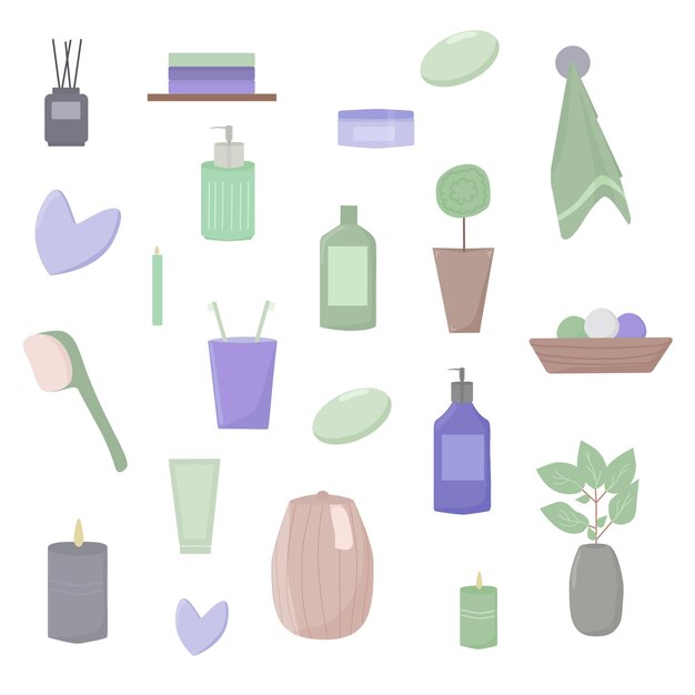 ベクトル バスルーム要素のセット。クレンジング製品。タオル、植物、石鹸、キャンドル。ベクトルを設定