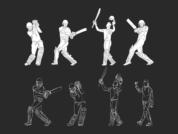 Вектор Набор бэтсменов, играющих в крикет, рисуется на черном фоне