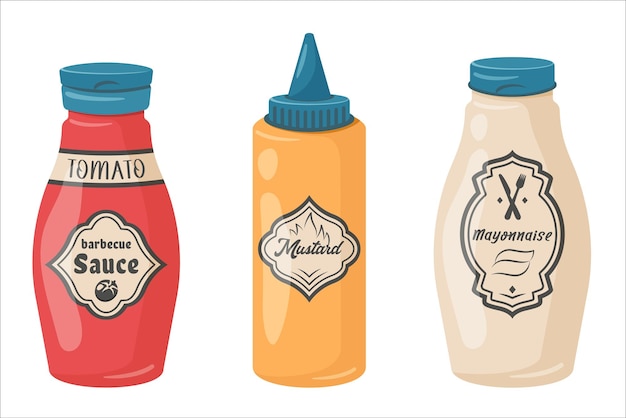 Вектор Набор изолированных бутылок соуса барбекю кетчуп, горчица и майонез векторные иллюстрации шаржа для дизайна карты барбекю летний пикник
