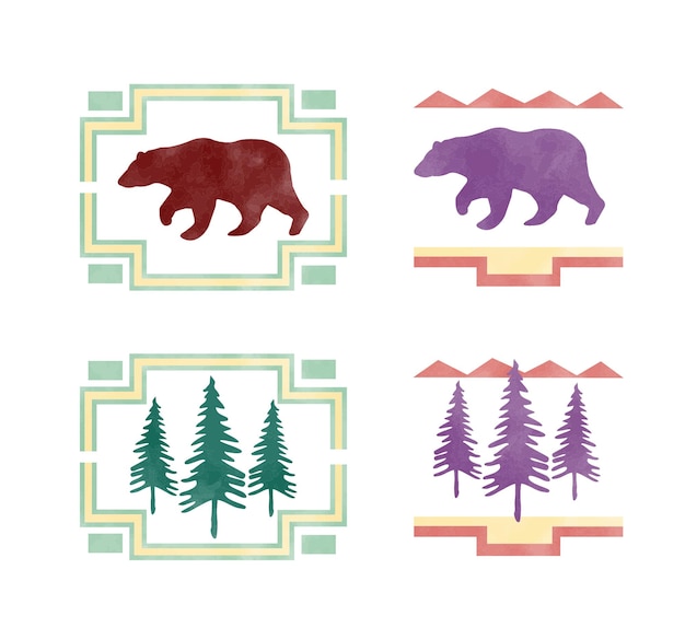 ベクトル クマと松の木の水彩テクスチャベクトル画像のセット