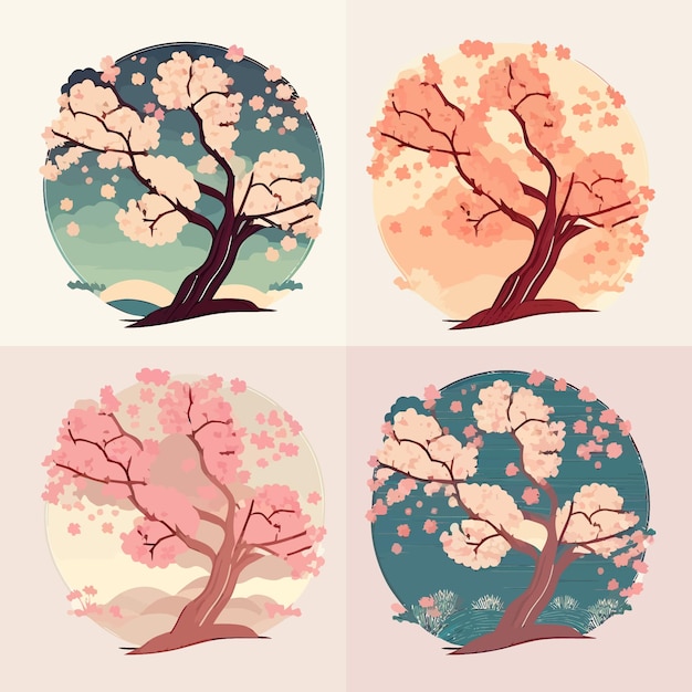ベクトル 美しい桜の木のイラストのセット