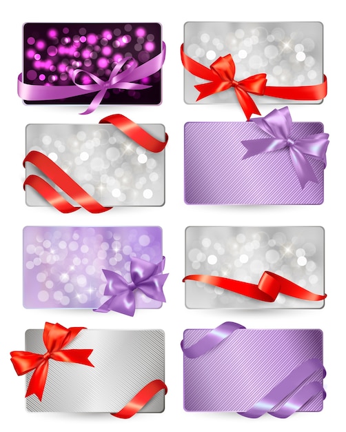 Вектор Набор красивых подарочных карт с красными подарочными бантами с лентами