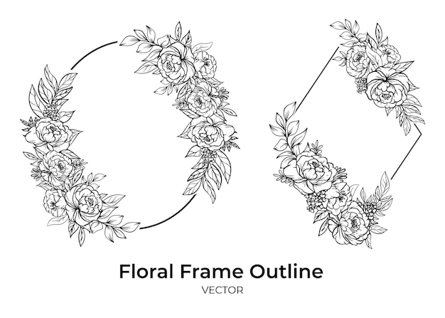 美しい線画の花手描きフレーム装飾のセット