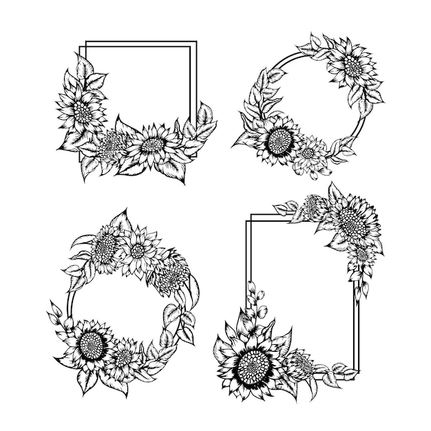 아름다운 라인 아트 해바라기 손으로 그린 프레임 장식 세트