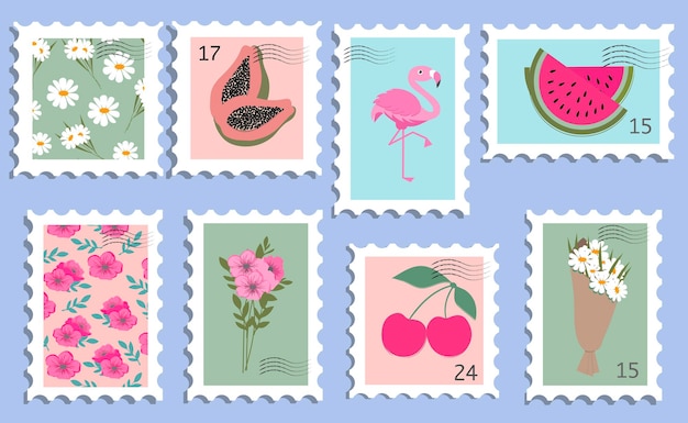美しい夏のポストスタンプのセット封筒に使用するための楽しい切手ベクトルデザイン