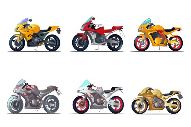 Вектор Набор велосипедов, живая мультяшная иллюстрация, демонстрирующая набор стильных мотоциклов flatdesign