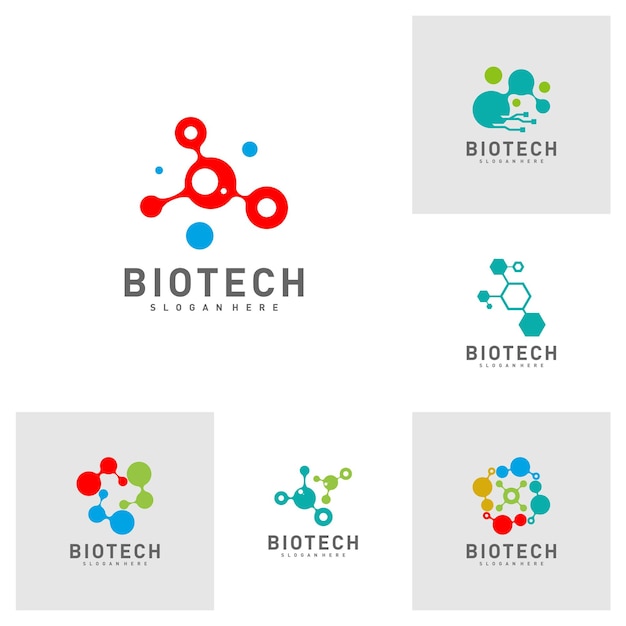 バイオテクノロジー分子dnaアトムメディカルまたは科学のロゴデザインベクトルのセット