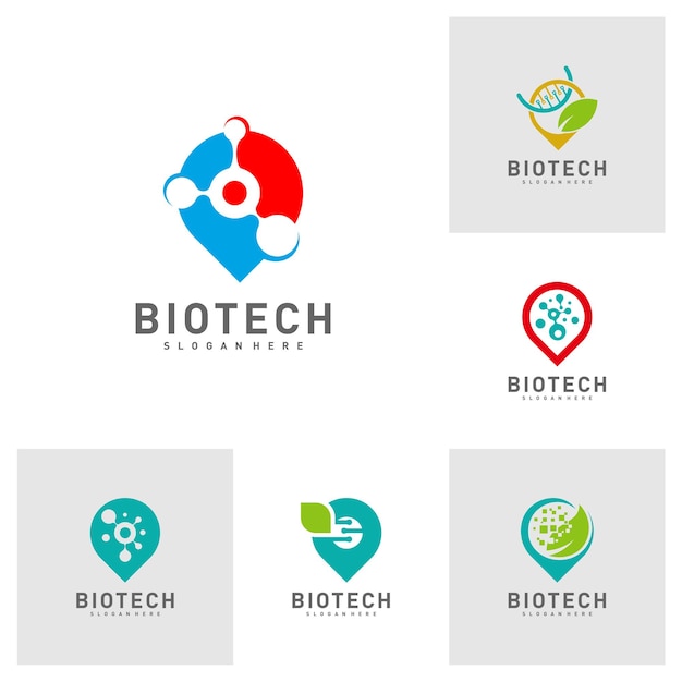 바이오 테크 포인트 로고 템플릿 분자 Dna 원자 의료 또는 과학 로고 디자인 벡터의 집합