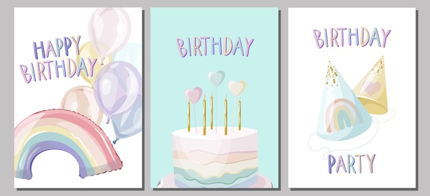 Вектор Набор поздравительных открыток с тортом, воздушными шарами и кепками. дети, детка, девочка, радужная вечеринка по случаю дня рождения.