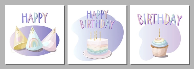 Вектор Набор поздравительных открыток с тортом, кексом и кепками. дети, детка, девочка, радужная вечеринка по случаю дня рождения. вектор.