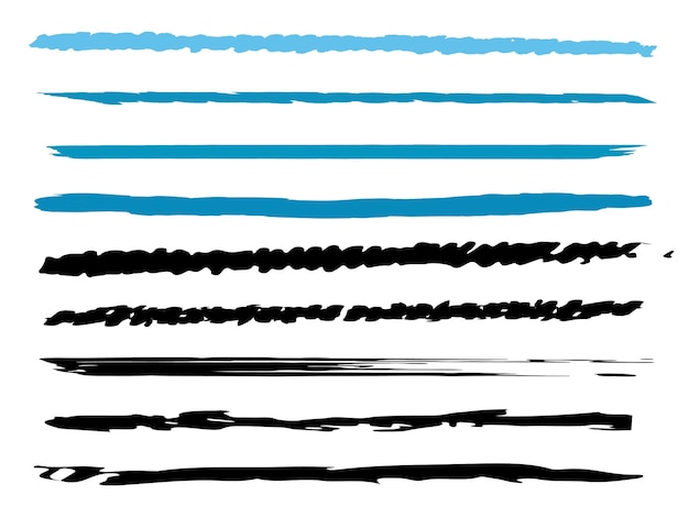 벡터 텍스트의 검정색 및 파란색 그런지 브러쉬 연필 강조 표시 및 밑줄 세트