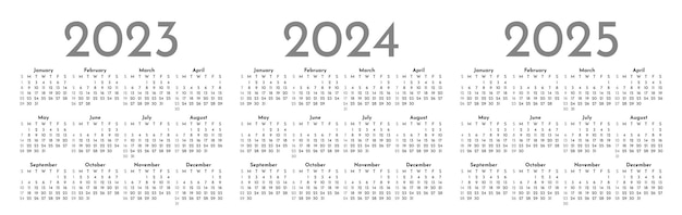 Набор шаблонов черно-белых ежемесячных календарей на 2023 2024 2025 годы