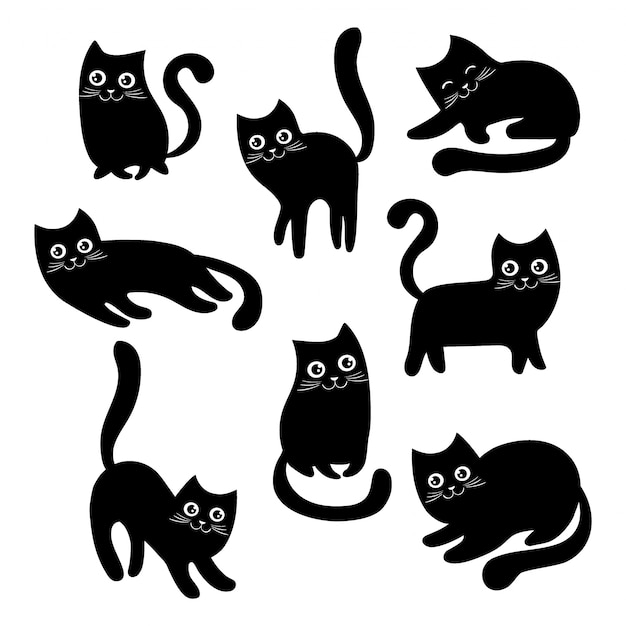 Вектор Набор черных кошек. коллекция мультяшных кошек на хэллоуин. прекрасно играют черные котята. иллюстрация домашних животных. логотип кота.