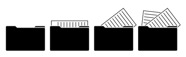 Вектор Набор черных значков папок для пустых и заполненных документов выньте лист бумаги из папки и сохраните информацию изолированный вектор на белом фоне