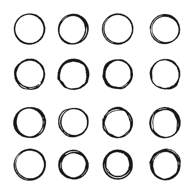 黒のグランジ円の形のセット、グランジサークルコレクション、円形ブラシストローク