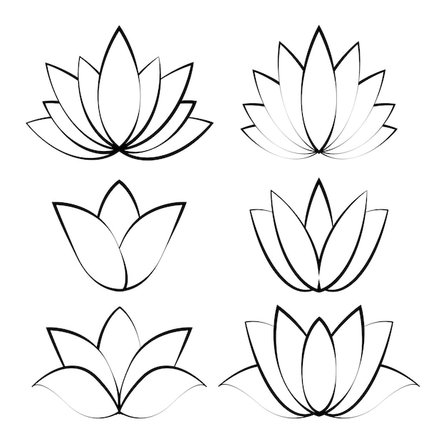 黒線形ロータス アイコンのセット白のスケッチ分離花のシンボル スパ センターやビューティー サロンのベクトル アウトライン花ラベル