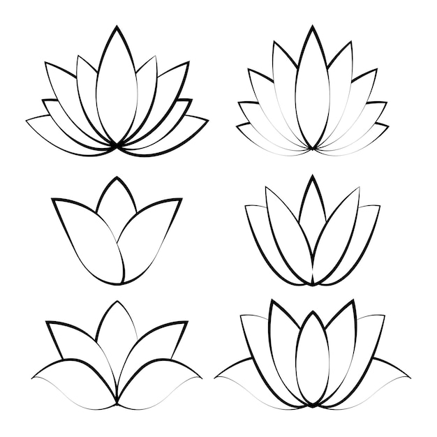 스파 센터 또는 뷰티 살롱에 대 한 흰색 벡터 개요 꽃 레이블에 검은 선형 로터스 아이콘 스케치 고립 된 꽃 기호 집합