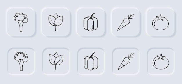 Набор черных линейных растительных иконок на кнопках в стиле неоморфизма