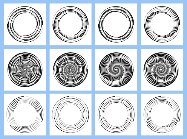 하프톤 얇은 두꺼운 선을 소용돌이 치는 흰색 점선 곡선에서 Black 방사형 속도 선 세트