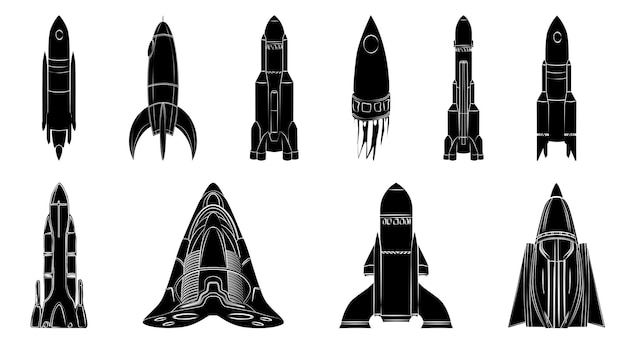 Набор черных силуэтов космических кораблей, изолированных на белом векторе