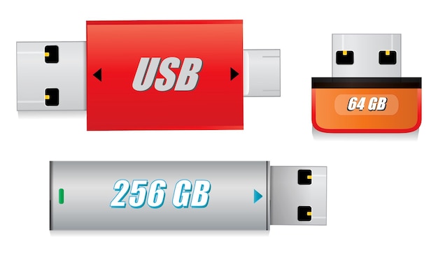 Вектор Набор пустых ручек, изолированных на usb-накопителе, или шаблон usb-накопителя для рекламного брендинга или флэш-памяти