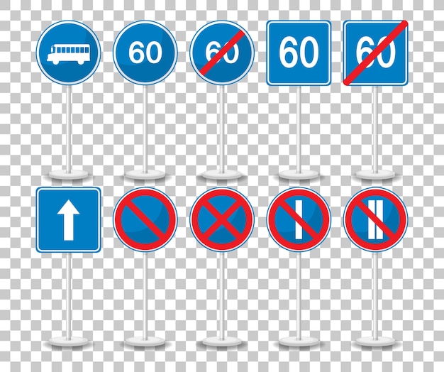 Набор синих дорожных знаков с подставкой, изолированные на прозрачном фоне