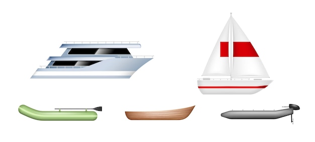 Вектор Набор лодок реалистичных круизная яхта, парусное судно, деревянная и надувная моторная лодка для путешествий