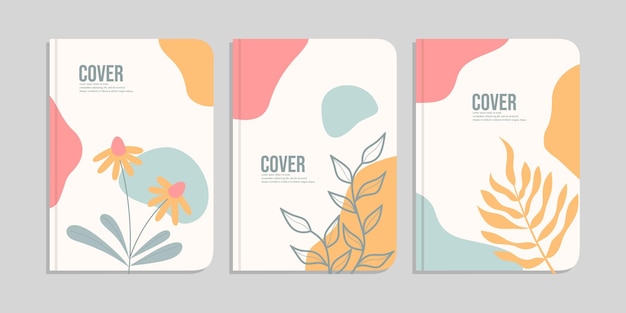 Набор дизайнов обложек книг с нарисованными вручную цветочными украшениями абстрактный ретро ботанический фон