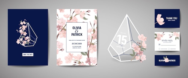 植物​の​レ​トロ​な​結婚式​の​招待​カード​、​ヴィンテージ​save the date​、​桜​の​花​と​葉​の​テンプレート​デザイン​、​桜​の​イラスト​の​セット​です​。​ベクトル​流行​の​表紙​、​パステルグラフィックポスター​、​パンフレット