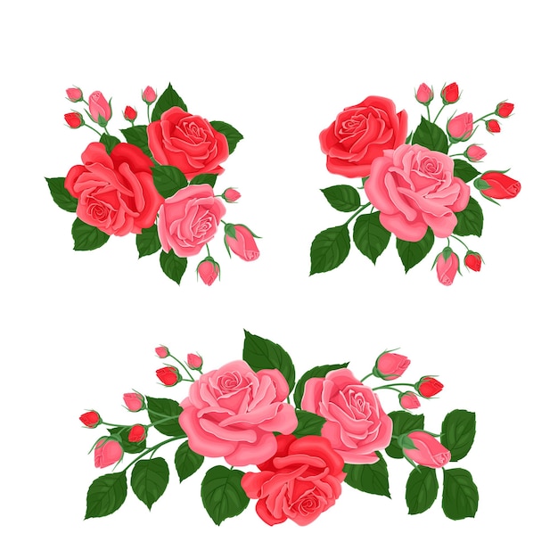 Вектор Набор букетов розовых цветов.