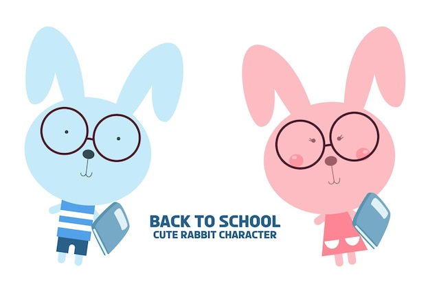 Набор мальчика и девочки милый кролик держит книгу обратно в школу мультяшный персонаж премиум вектор