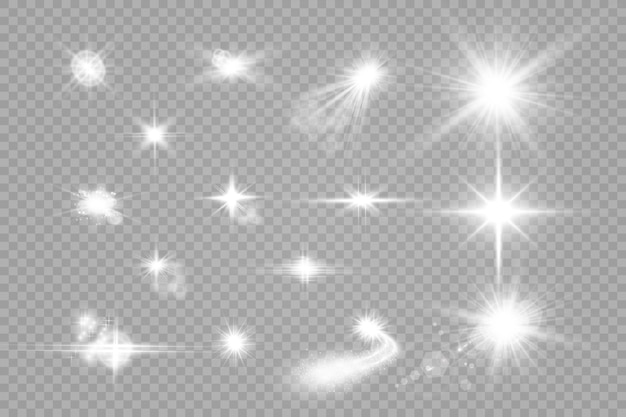 Набор ярких красивых звезд. световой эффект яркая звезда. красивый свет для иллюстрации.