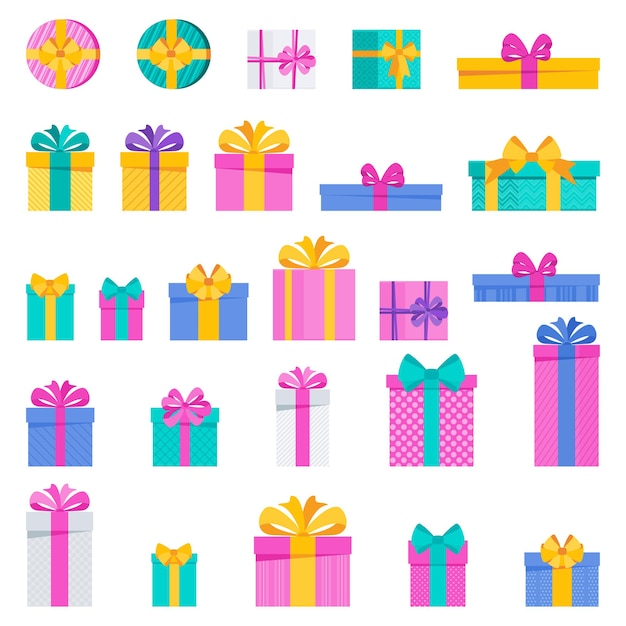 생일 새해와 크리스마스 기념일을 위한 카드를 위한 밝고 재미있는 휴가 선물 상자 세트