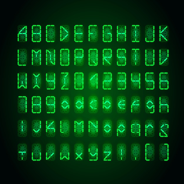 Набор ярко-зеленого цифрового ретро-шрифта часов на темном