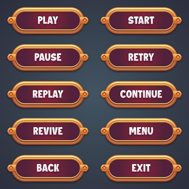ベクトル モバイルゲーム用のブラウンゲームボタンのセット - 編集可能なテキスト効果のguiで2dゲームを構築する