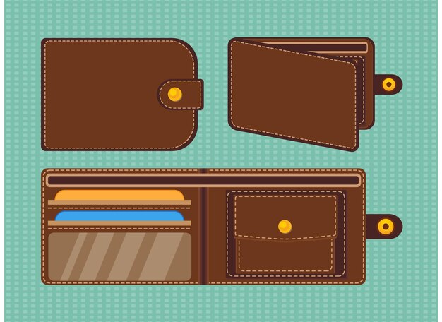 ベクトル 茶色の革の財布のセット 財布のアイコンデザイン 財布のお金要素のイラスト