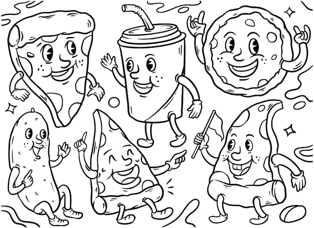 ベクトル レトロな漫画スタイル ライン アート イラスト ヴィンテージ文字ベクトル アート コレクションのハンバーガーとピザ ソーセージのセット