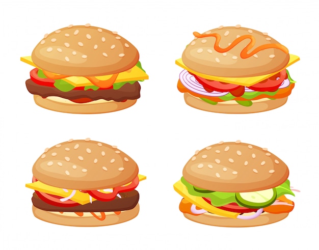 ベクトル さまざまな食材を使ったハンバーガーのセットです。ハンバーガーとサンドイッチを分離したコレクション。カラフルなスタイルで描かれたかわいい手