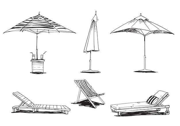 벡터 caise lognue 의자와 우산, 수영장 및 해변 가구 벡터 라인 드로잉 세트
