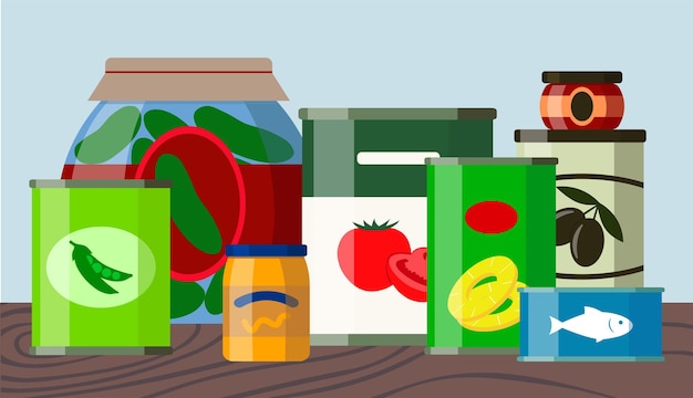 フラットスタイルの野菜や果物の缶詰食料品コンセプトベクトルイラストのセット