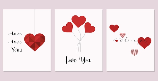 Вектор set of cards for valentine's day with red hearts