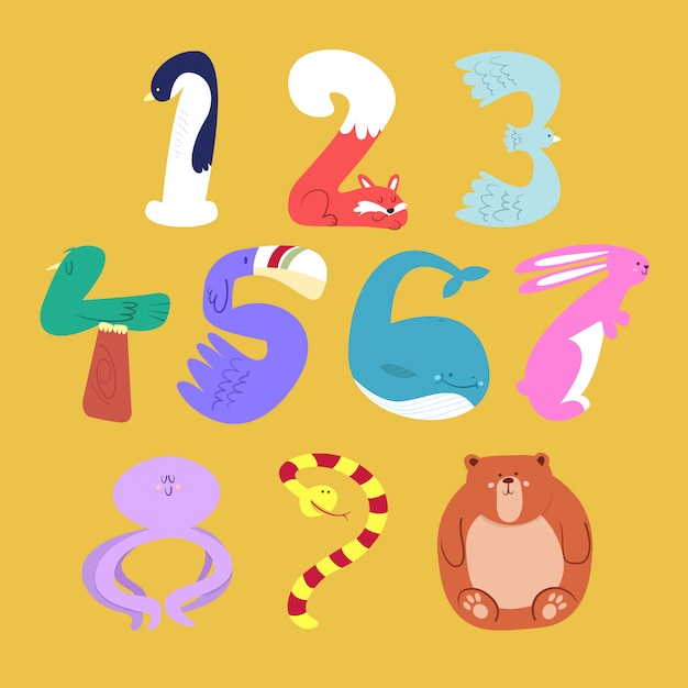 Набор чисел мультфильм животных в плоском стиле дизайна