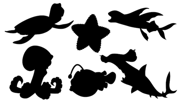 Вектор Набор мультяшных животных подводного мира в стиле силуэта для печати и дизайна. векторная иллюстрация