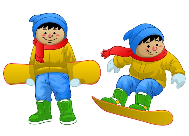 スノーボードに乗る漫画少年のセット