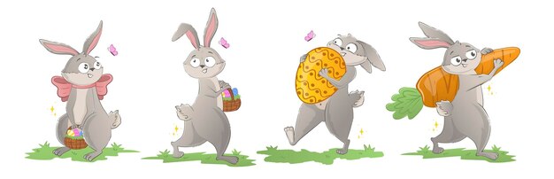 Вектор Набор мультфильмов пасхальных кроликов с яйцами, луками, морковью, праздничная весенняя коллекция, рисунок персонажа, изолированный на белом фоне