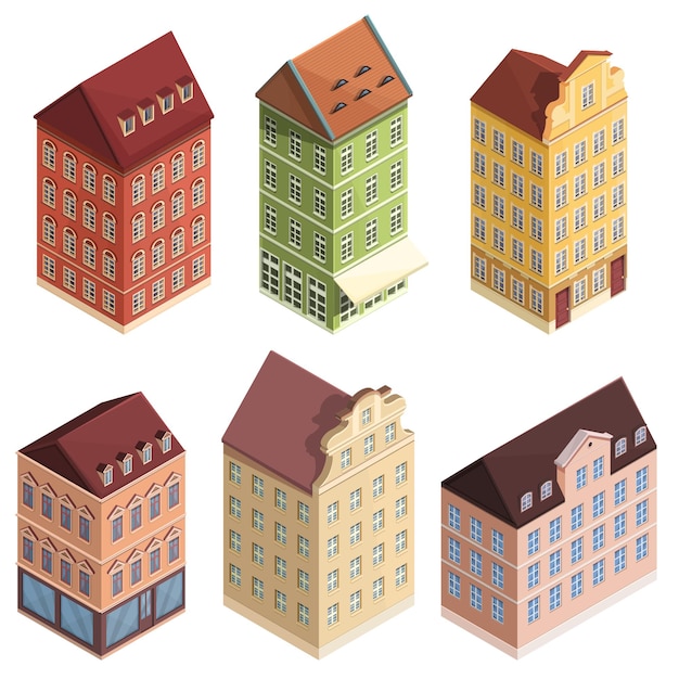 Вектор Набор мультфильм европейских изометрических домов, векторные иллюстрации