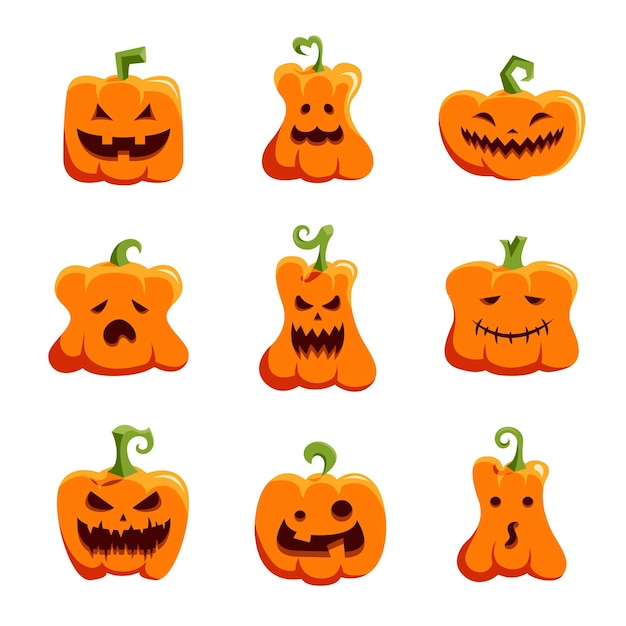 Набор мультяшных тыкв с забавными лицами. праздники хэллоуина. оранжевые тыквенные персонажи фонаря джека
